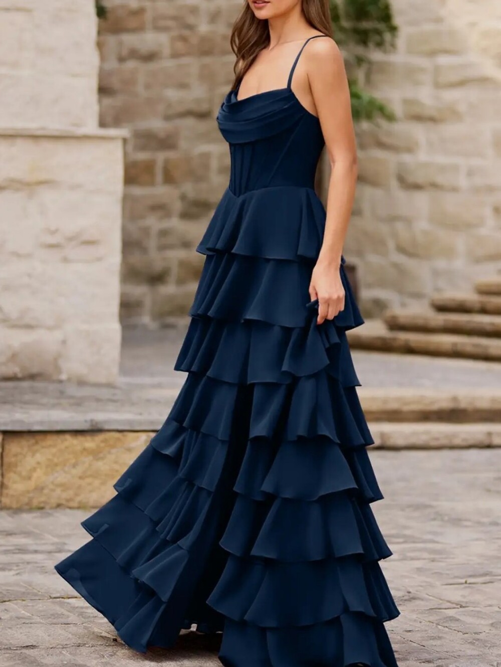 NWT-Elegant Navy Tiered Ruffle Maxi Dress - Women Sz 6 Wedding Prom Evening Gown